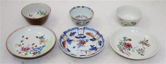 A group of Chinese export polychrome porcelain teabowls, four saucers and a cup, Qianlong period, the cup 8.6cm diameter